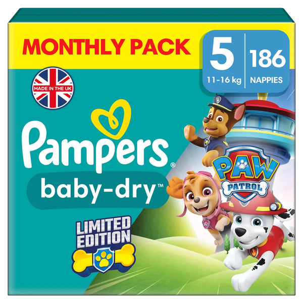 Pampers Paw Patrol Baby Dry Nappies Size 5, 186 Pack