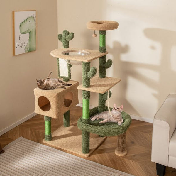 COSTWAY Cactus Cat Tree Tower with Condo, Capsule & Groomer – 150cm Tall Cat Activity Center for Indoor Cats