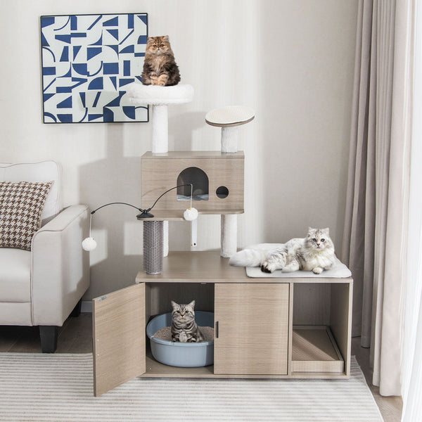 COSTWAY 2-in-1 Cat Tree with Litter Box Enclosure – Multi-Level Cat Tower with Condo, Scratching Board & Self-Groomer