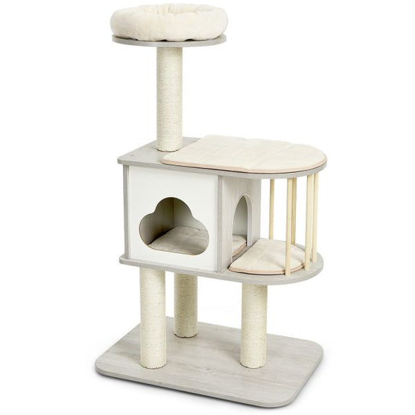COSTWAY Modern Wooden Cat Tree with Condo, Sisal Scratching Posts & Washable Cushions – 117cm Cat Tower for Indoor Cats