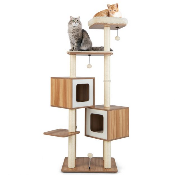 COSTWAY 163 CM Tall Modern Wooden Cat Tree with Sisal Scratching Posts and Washable Cushions